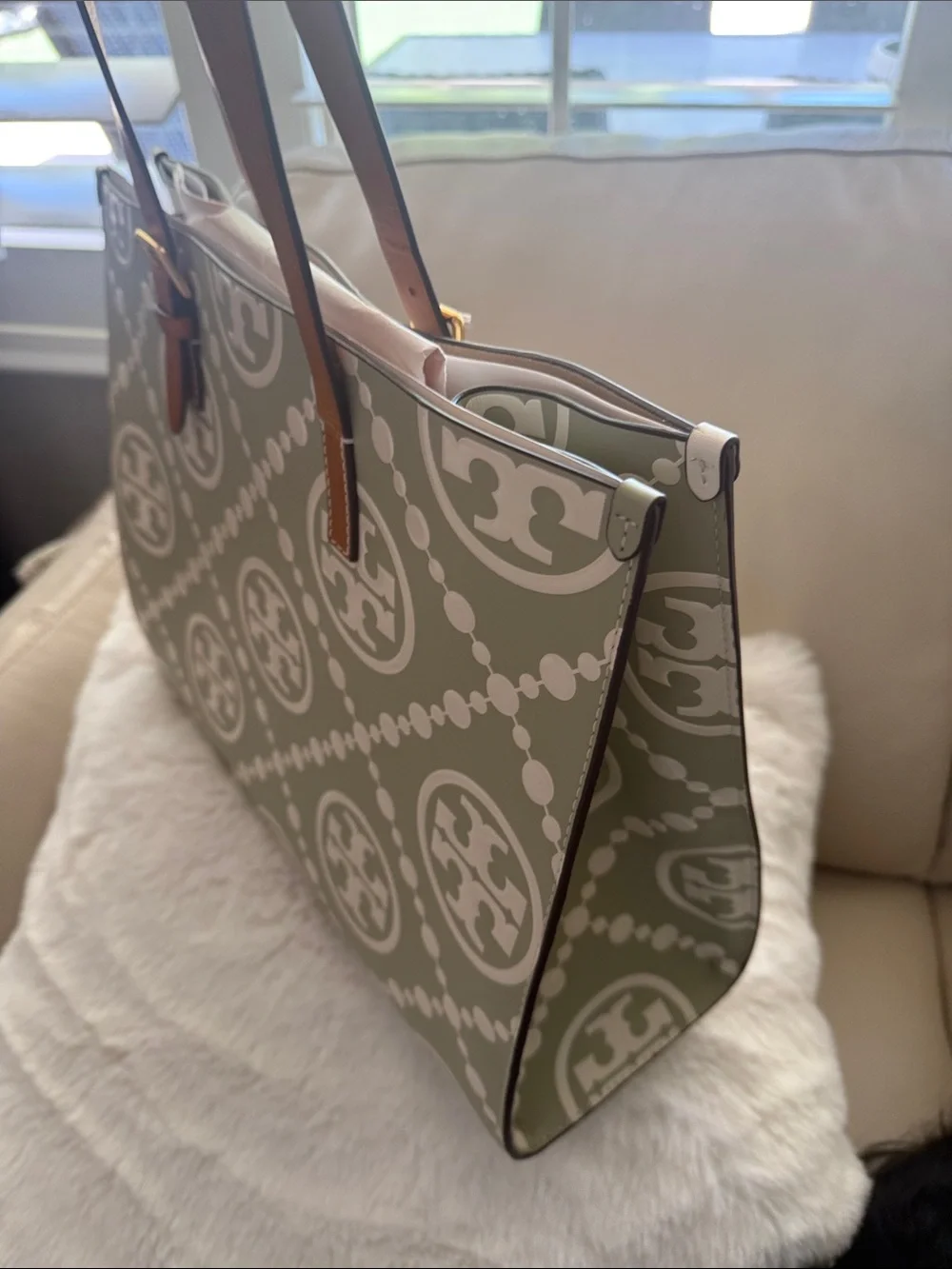 Tory Burch White Canvas Tote with Sage Green Logo Print and Brown Leather Straps